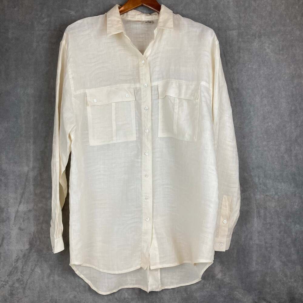 VTG Liz Claiborne Linen Button Shirt Womens 14 Cream Long Sleeve Beach Travel
